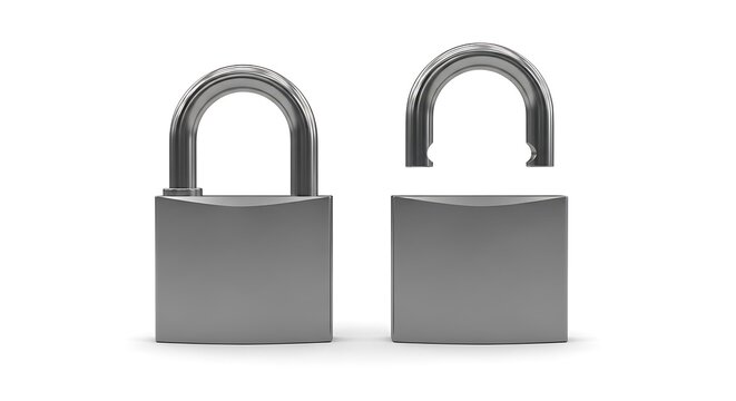 Two silver padlocks, one open and one closed, on a white backdrop