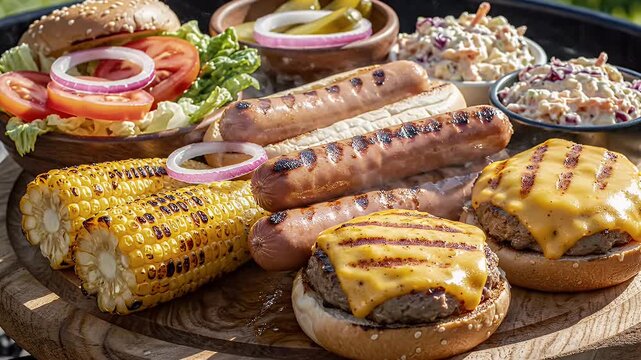 Grilled burgers, hot dogs, corn on cob at outdoor barbecue