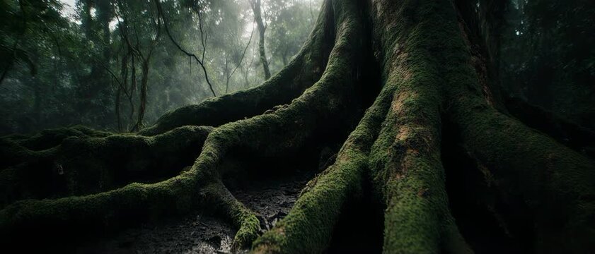 Ancient Root Crawl. Dense Jungle Depths (Immersive Green Layers). Grounded Nature. Buttress roots snaking across the forest floor, set in a primeval jungle depth with thick low-hanging vines
