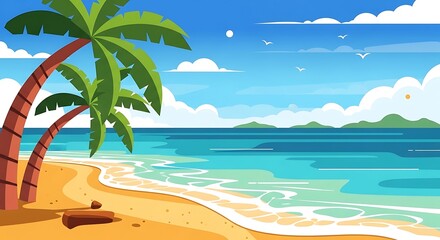 Obraz premium Vibrant illustration of a tropical beach with palm trees, sand, sea, and blue sky