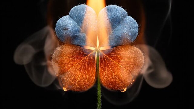 Artistic depiction of a flower with two halves one iced, one fiery. Flame ascends