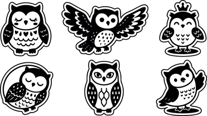 Fototapeta premium Black and white vector art set of six cute owls various poses wings spread sleeping and wearing crown cartoon style icons