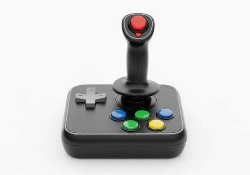 Black joystick with colorful buttons isolated on white background