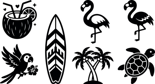 Black silhouette tropical coconut drink flamingos parrot surfboard palm trees and sea turtle summer beach vector icons set