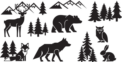 Fototapeta premium Black silhouettes of forest animals and trees on white background