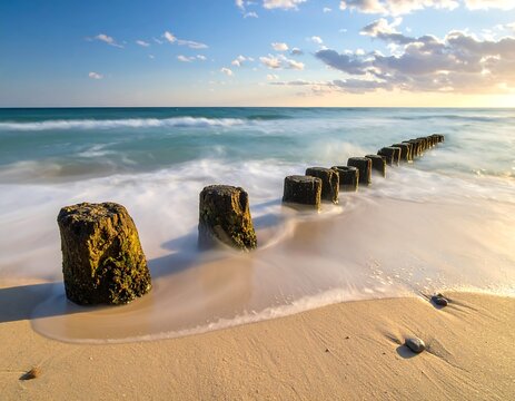 Coastal Beauty - Wooden Groynes and Serene Ocean at Sunset.