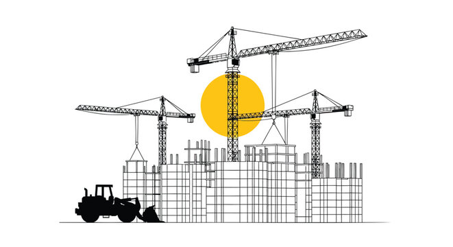 Vector illustration of construction site with cranes and building blocks