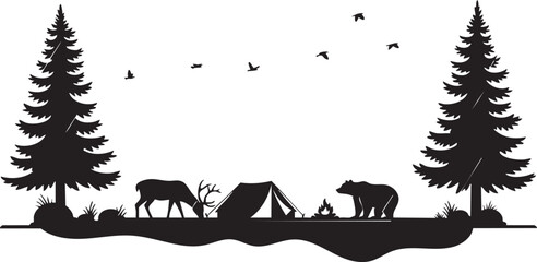 Fototapeta premium A wild silhouette of camels and a deer roaming through a sunset forest landscape featuring vector art animals and summer nature trees