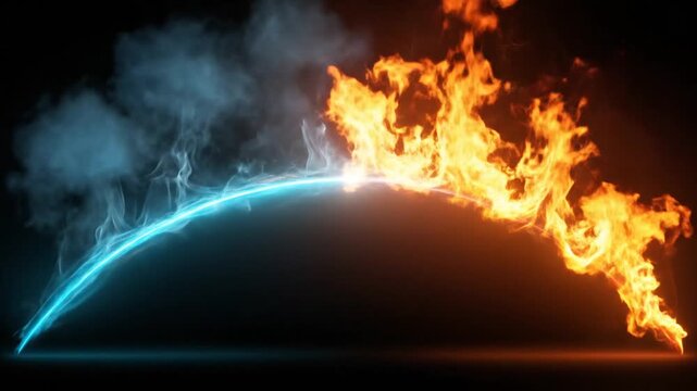 A split composition showing fire and ice/smoke effects in a dark, atmospheric setting