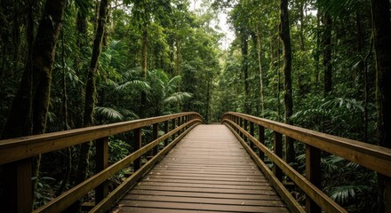 Fototapeta premium Wooden bridge spanning a lush, green forest, leading to a serene pathway beneath the canopy