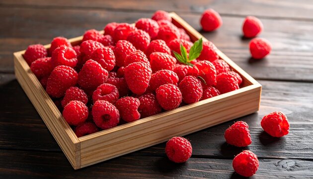 Fresh raspberries in wooden box on dark table.