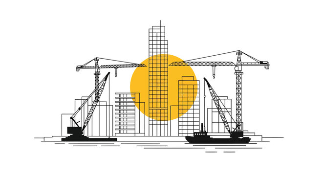 Vector illustration of city skyline with construction cranes