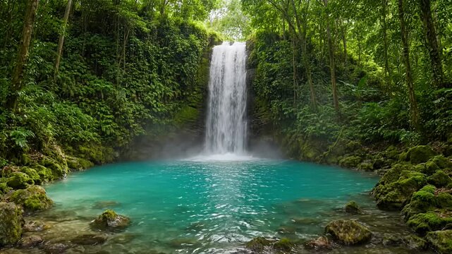 Stunning tropical waterfall cascading into a vibrant turquoise blue pool in lush jungle 4k