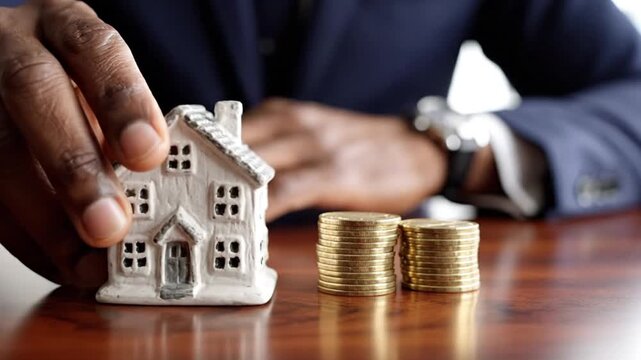 Businessman Hand Holding Small House Model Near Coin Stack Representing Real Estate Investment Mortgage Savings and Property Finance