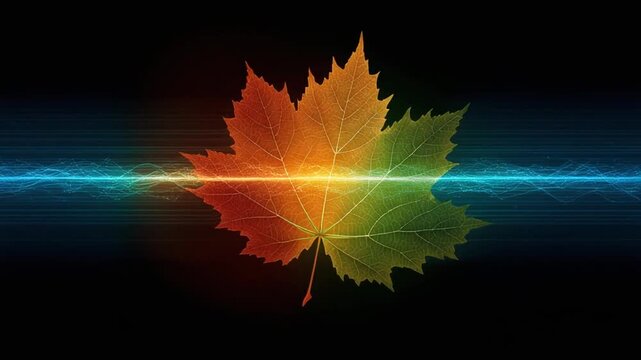 Autumnal maple leaf with energy lines on dark backdrop, transitioning from red to green