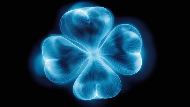 A glowing, ethereal four-leaf clover design in radiant blue on a black background