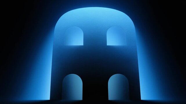 Architectural composition of a stylized archway with four arched windows lit by blue light
