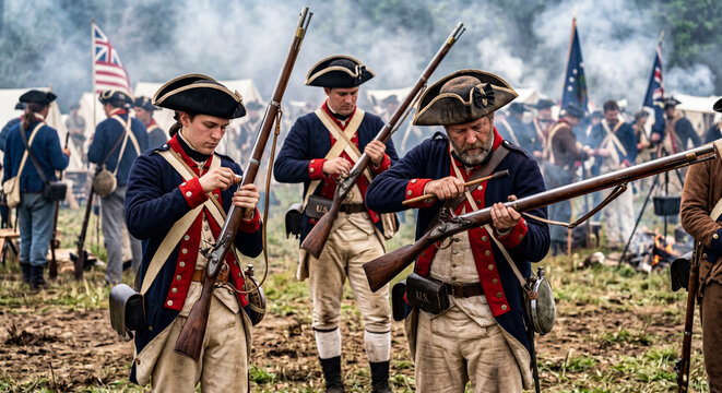 American Revolution Reenactment Soldiers Reloading Muskets