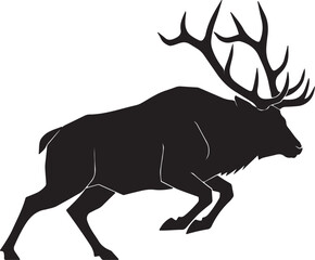 Obraz premium A majestic black silhouette of an elk with prominent, branched antlers, captured in a powerful, dynamic leaping motion on a white background.