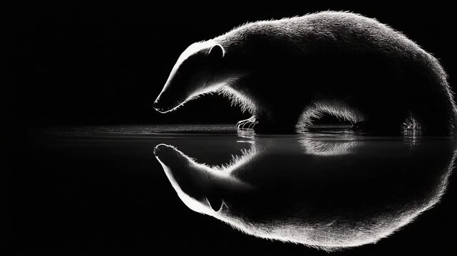 Silhouetted badger drinking from water, with mirrored reflection below. High contrast and minimalist design