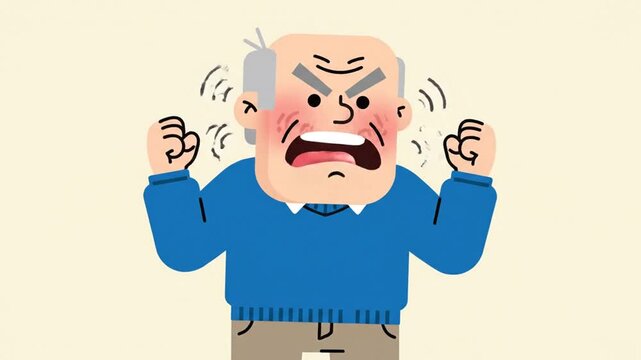 Angry Old Man Shouting Frustrated Expression, Close-up, Cartoon Style