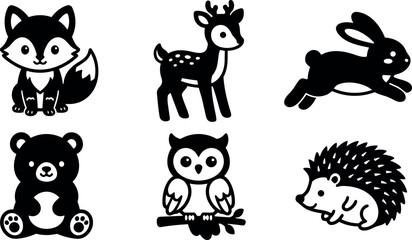 Fototapeta premium Cute black and white woodland animals vector art featuring fox sitting deer standing rabbit running bear sitting owl perched hedgehog crawling simple design