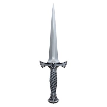 A silver-colored, ornate dagger with a pointed blade and a twisted handle, isolated on a white background.