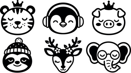 Obraz premium Cute black and white animal faces vector set smiling tiger pig penguin deer sloth elephant with crown headphones and glasses
