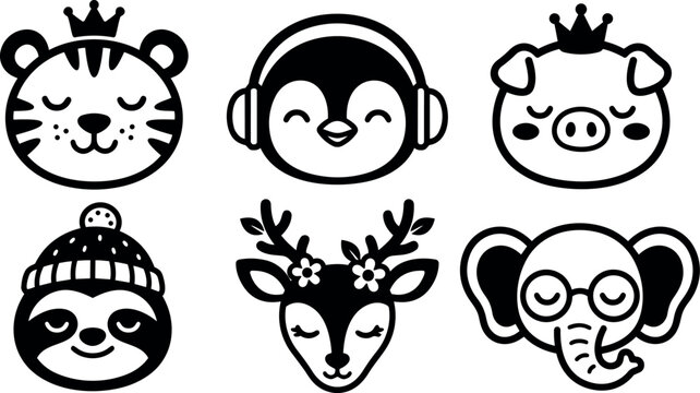 Cute black and white animal faces vector set smiling tiger pig penguin deer sloth elephant with crown headphones and glasses