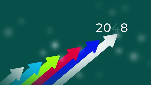 Colorful Arrows Pointing Upward with 2048 Projection on Green Background Representing Growth and Future Success