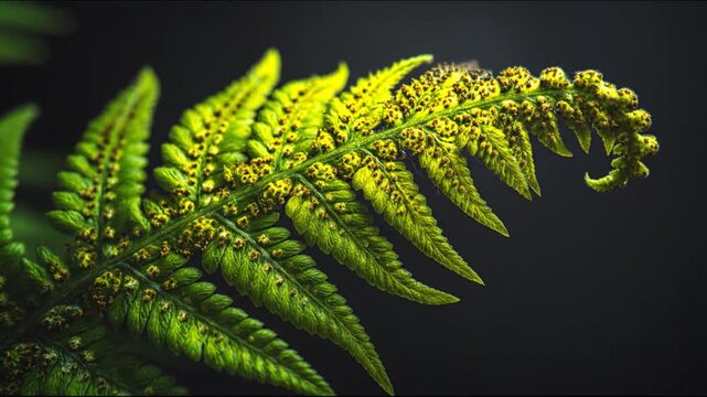 Macro shot of a fern frond with a gradient of green and yellow against a dark backdrop