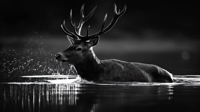 A majestic deer with impressive antlers wading through calm water in a serene, monochrome portrait