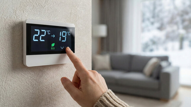A person is touching a thermostat that is set at 22.19 degrees