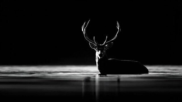 A monochrome depiction of a deer in water, its antlers illuminated against a dark background