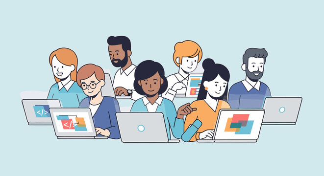 Diverse team of software developers coding on laptops together