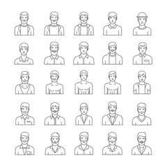 Fototapeta premium Large Set of Twenty-Five Minimalist Male Avatar Icons in Black and White Outline Style for Modern Web Design