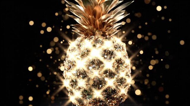 A dazzling golden pineapple illuminated with sparkling lights against a dark, bokeh-filled background