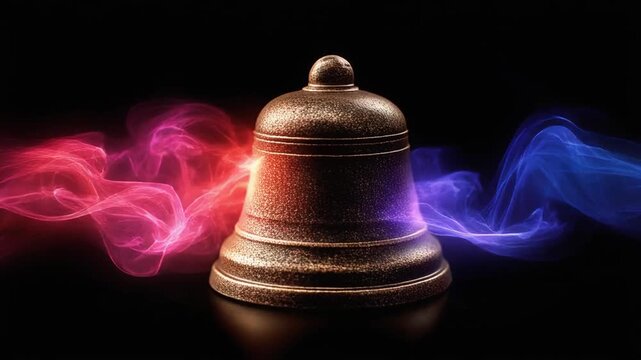 A textured bronze bell sits amid flowing, colorful smoke-like effects on a dark background