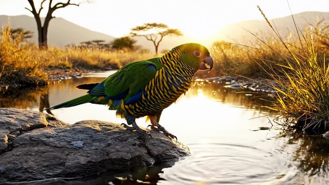Green Parrot Drinking Water From a Stream in a Savanna Landscape at Sunset