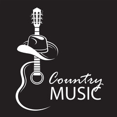 country music sign with cowboy hat and guitar isolated on black background