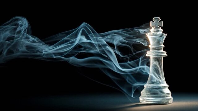 A chess king made of glass, with smoke-like trails against a dark backdrop. A conceptual design