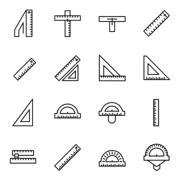 Set of 16 minimalist linear icons representing various measuring tools like rulers, protractors, and triangles for drafting and engineering.