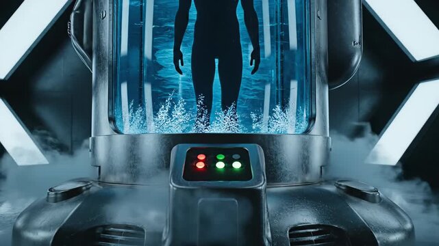 Man silhouette in cryonics chamber with water swirling, showing concept of cryopreservation or futuristic therapy for rejuvenation