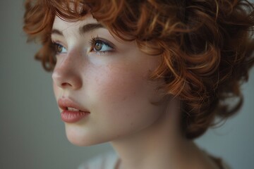 Obraz premium Red haired woman with curly hair and blue eyes looking left fair skin soft expression