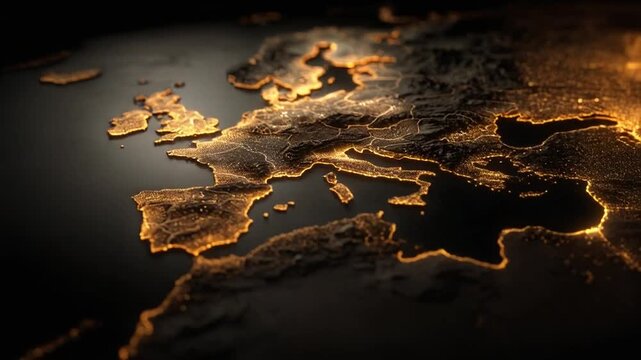 Illuminated map of Europe. Continent details, lit borders, and cities are represented as shimmering points