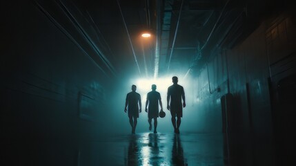 Fototapeta premium Soccer players walking down a dimly lit, smoky football tunnel corridor silhouette.