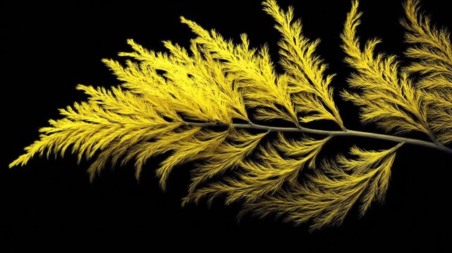 Golden, feathery botanical illustration against a stark black background. It appears to float