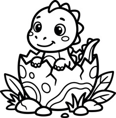 Cute smiling baby dinosaur hatching from cracked egg with leaves and rocks around in black and white line art style vector