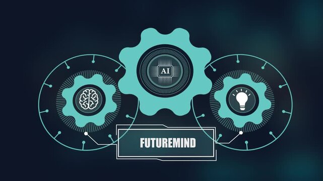 Futuremind concept with artificial intelligence, digital gears and human brain icon for futuristic cognitive technology and smart innovation.