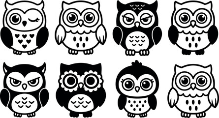Fototapeta premium Cute charming black and white owl icons set with different eye expressions simple vector art collection